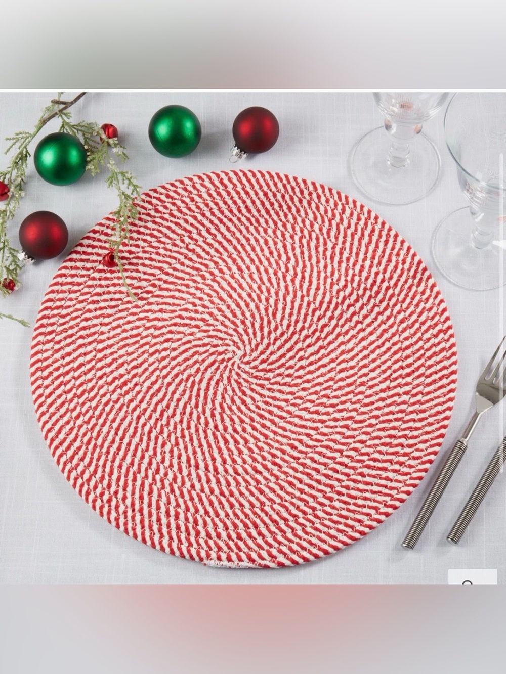 Peppermint Striped Round Braided Table Placemats Set of 4  — Red and White Swirl